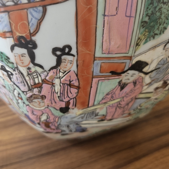 Large Vintage Chinese Rose Medallion Canton Porcelain Ginger Jar Vase - Picture 9 of 15